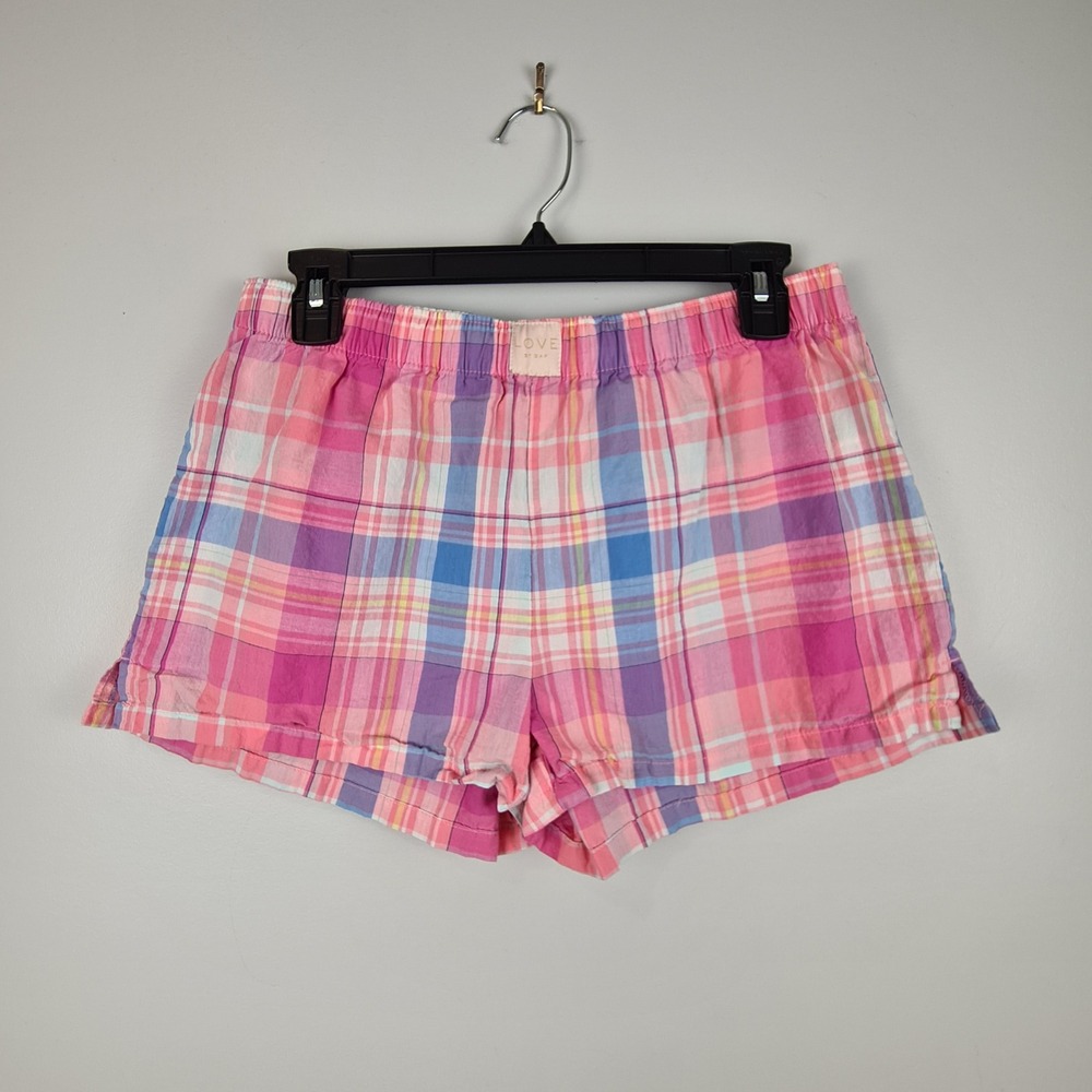 Love by Gap Womens Small Pink Plaid Cotton Pajama Sleep Shorts Elastic Waist S